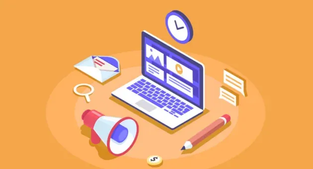 Isometric illustration of a laptop ringed by marketing tools: a megaphone, an envelope, a clock, a magnifying glass, chat bubbles and a pencil.