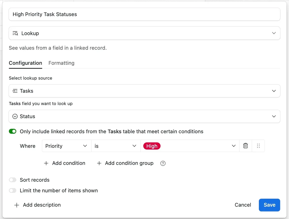 Airtable Lookup field configuration options