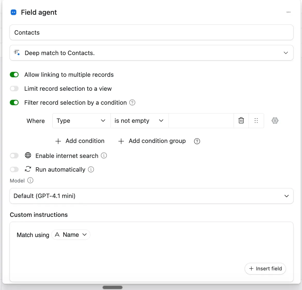 Settings for Airtable Deep Match feature