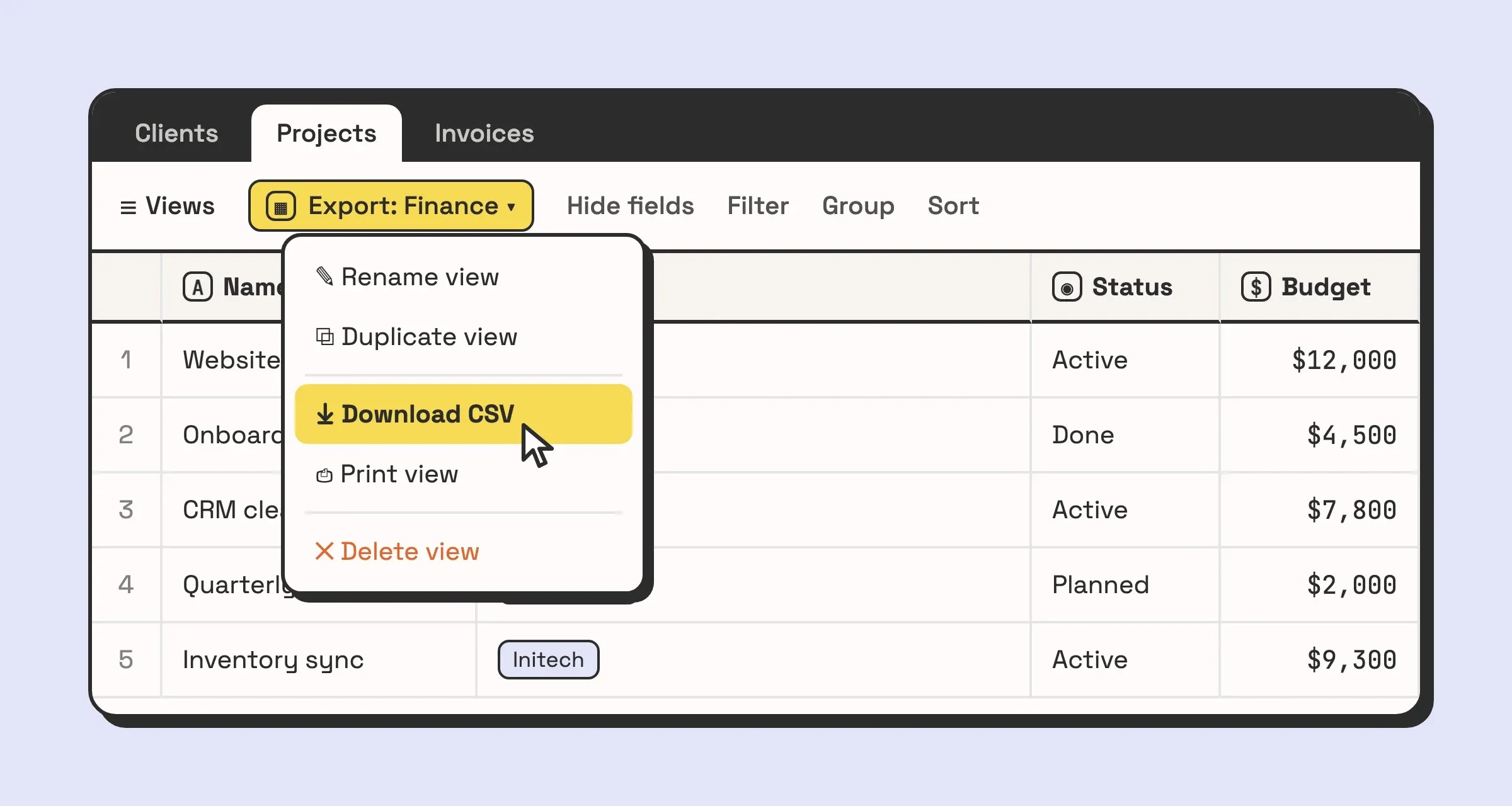 Illustration of an Airtable grid view with the view menu open and Download CSV highlighted.