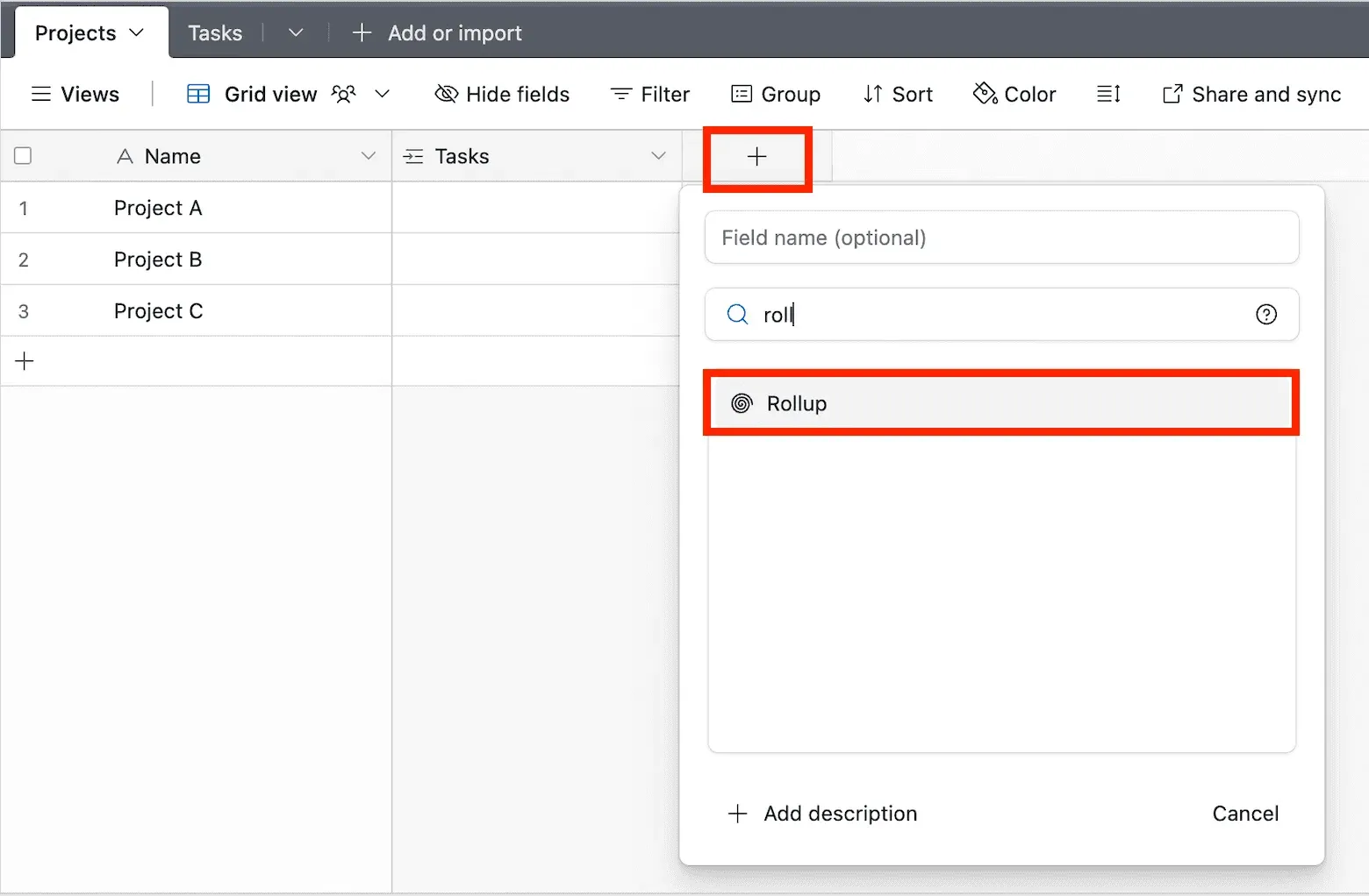 The add-field menu in a Projects table with 'roll' typed into the search box and the Rollup field type highlighted in the results.