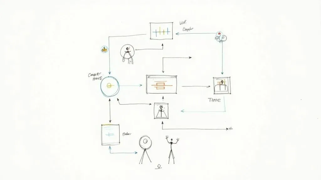 A team collaborating around a table with sticky notes, mapping out a business process.