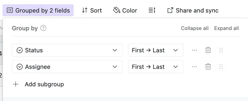 The Group by panel with two levels configured, Status and then Assignee, each ordered first to last.