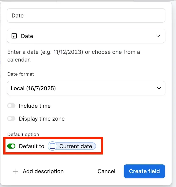A Date field configuration with the default option switched on and set to Current date.