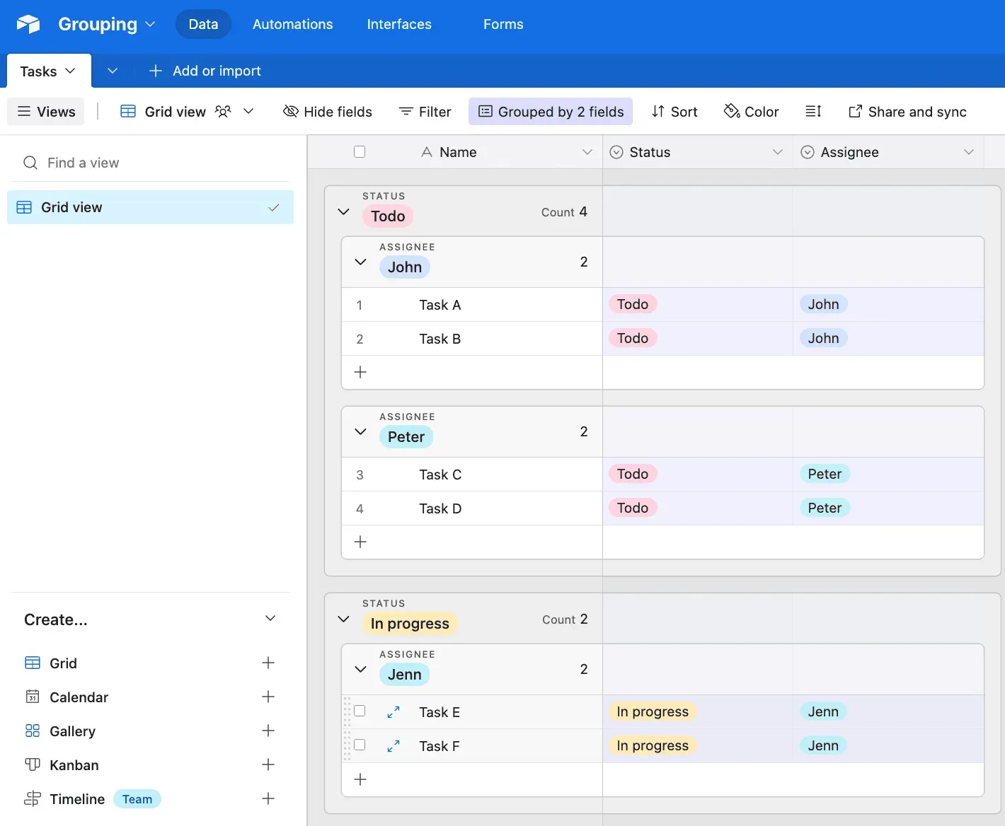 Airtable grouping feature on a grid view