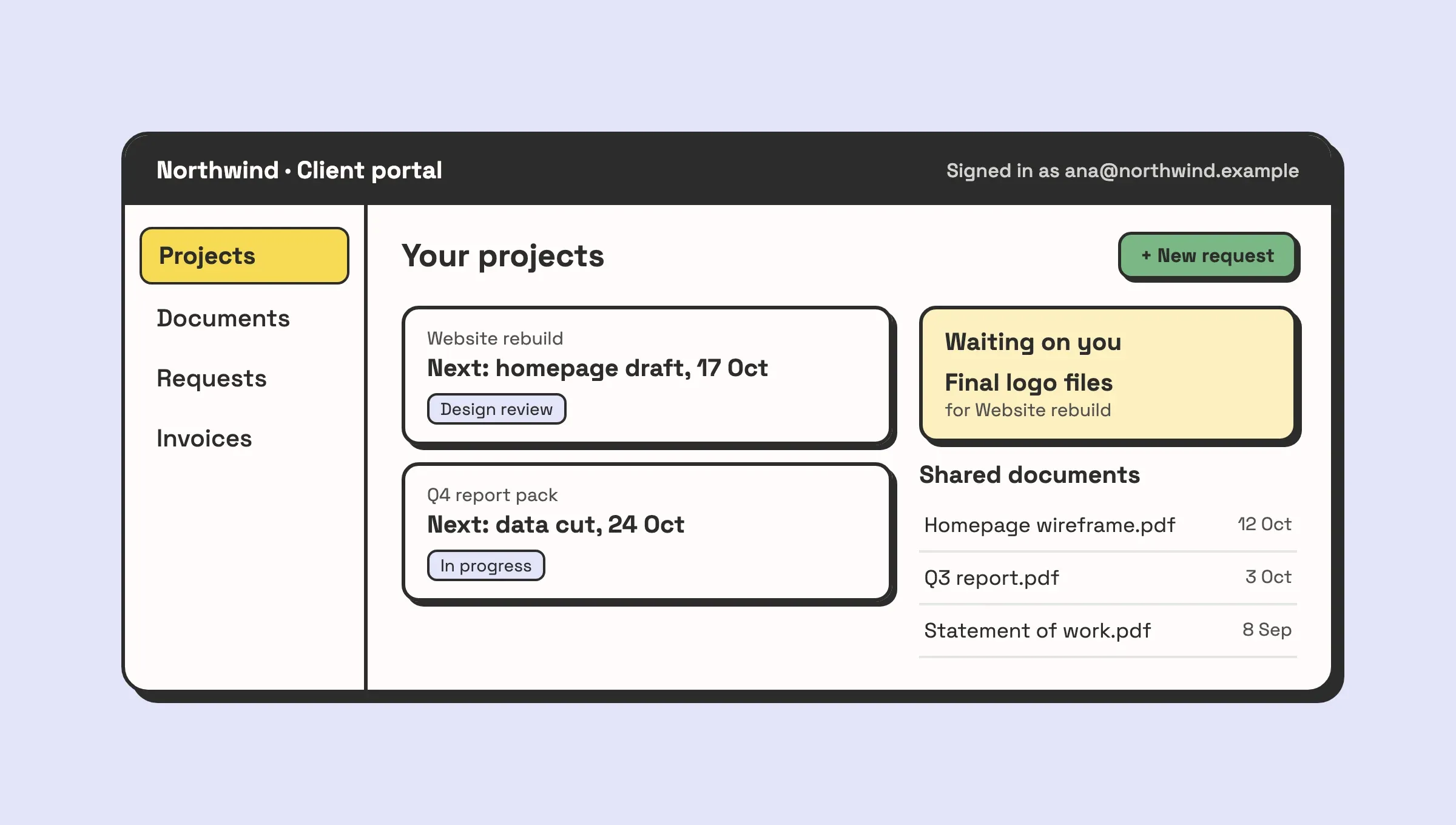 Illustration of a client portal page for a client called Northwind: their two projects with stage and next delivery, a Waiting on you list with one item, a list of shared documents, and a New request button.