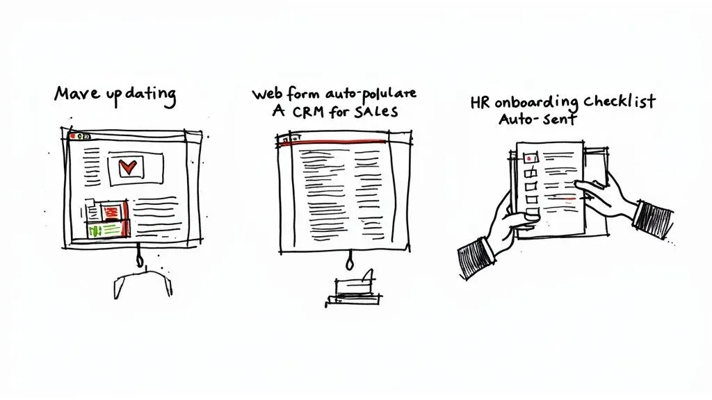 A team collaborating around a digital dashboard showing automated workflows