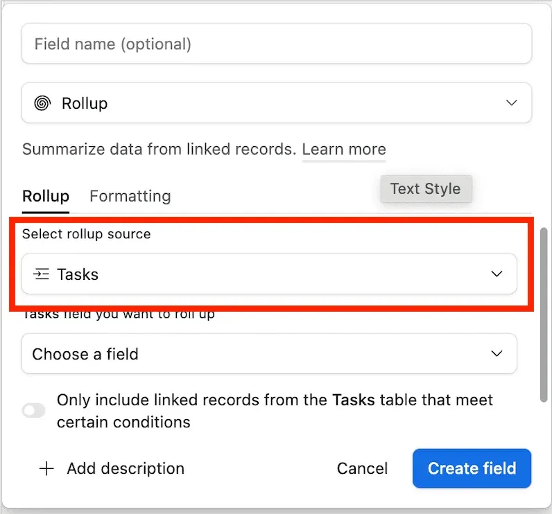 The rollup configuration with the Tasks table chosen as the rollup source.