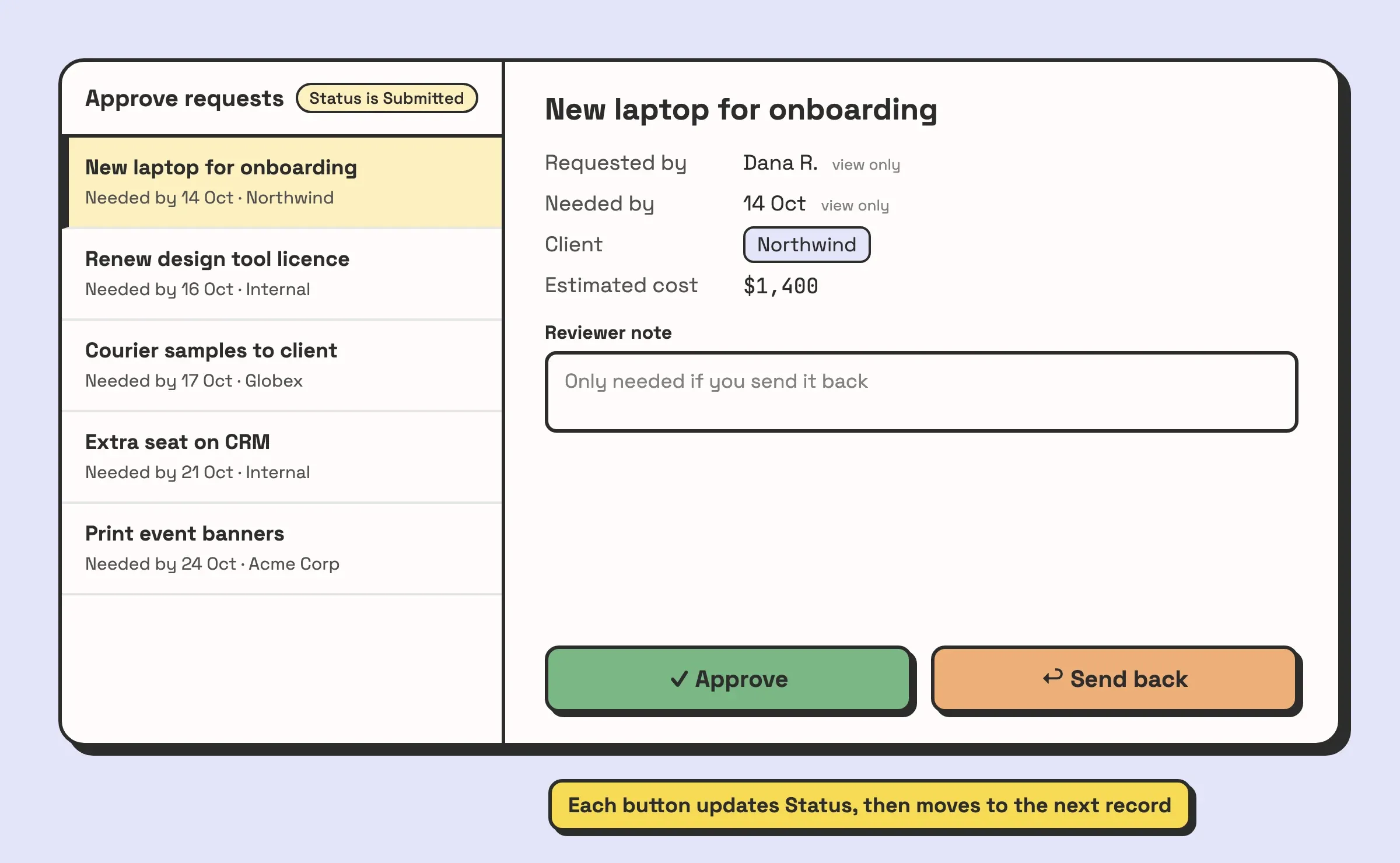 Illustration of an Airtable record review page called Approve requests: a list of submitted requests on the left, and on the right the selected request with its details shown view only, a Reviewer note field, and two buttons, Approve and Send back.