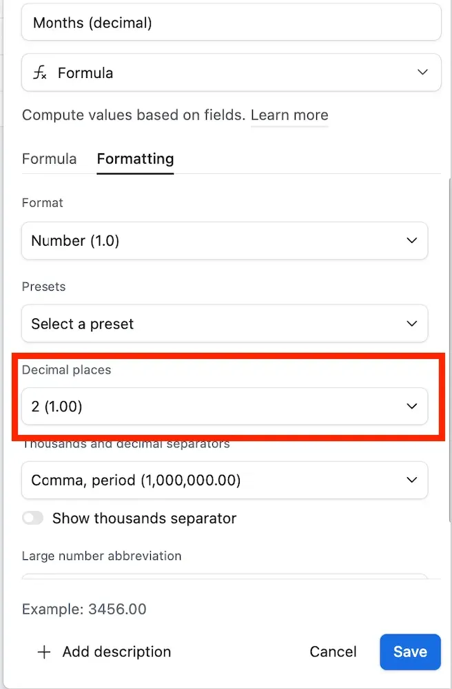 The Formatting tab of a Months (decimal) formula field, with Decimal places set to 2 so the result keeps two decimals instead of rounding to a whole month.