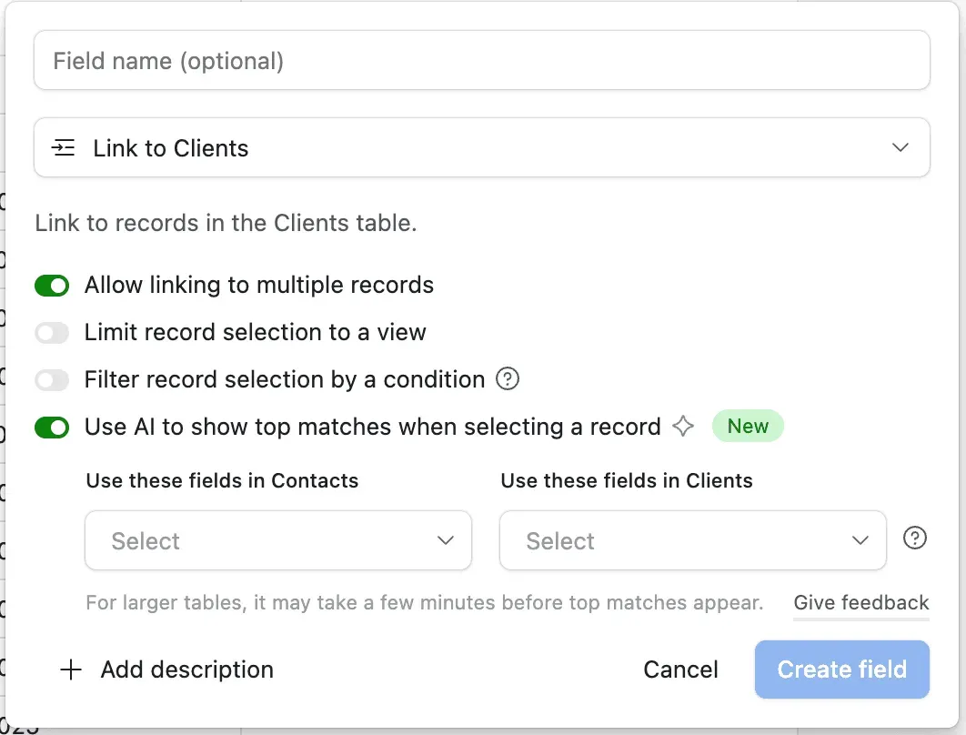 A Link to Clients field with 'Use AI to show top matches when selecting a record' switched on, which reveals field pickers for both the Contacts and the Clients table.