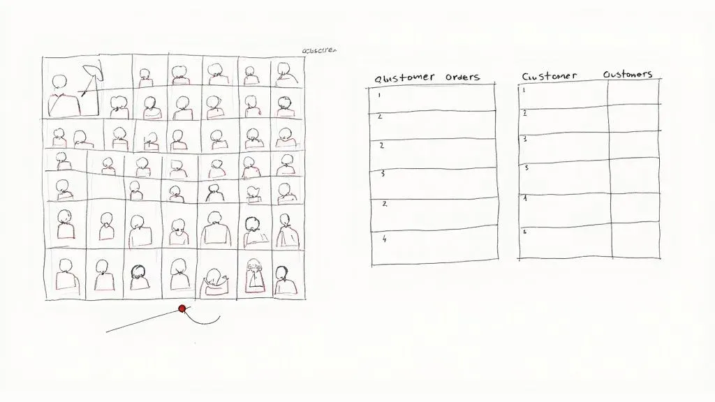 A diagram showing data being organized from a messy state into structured tables, illustrating the concept of normalization in a relational database.