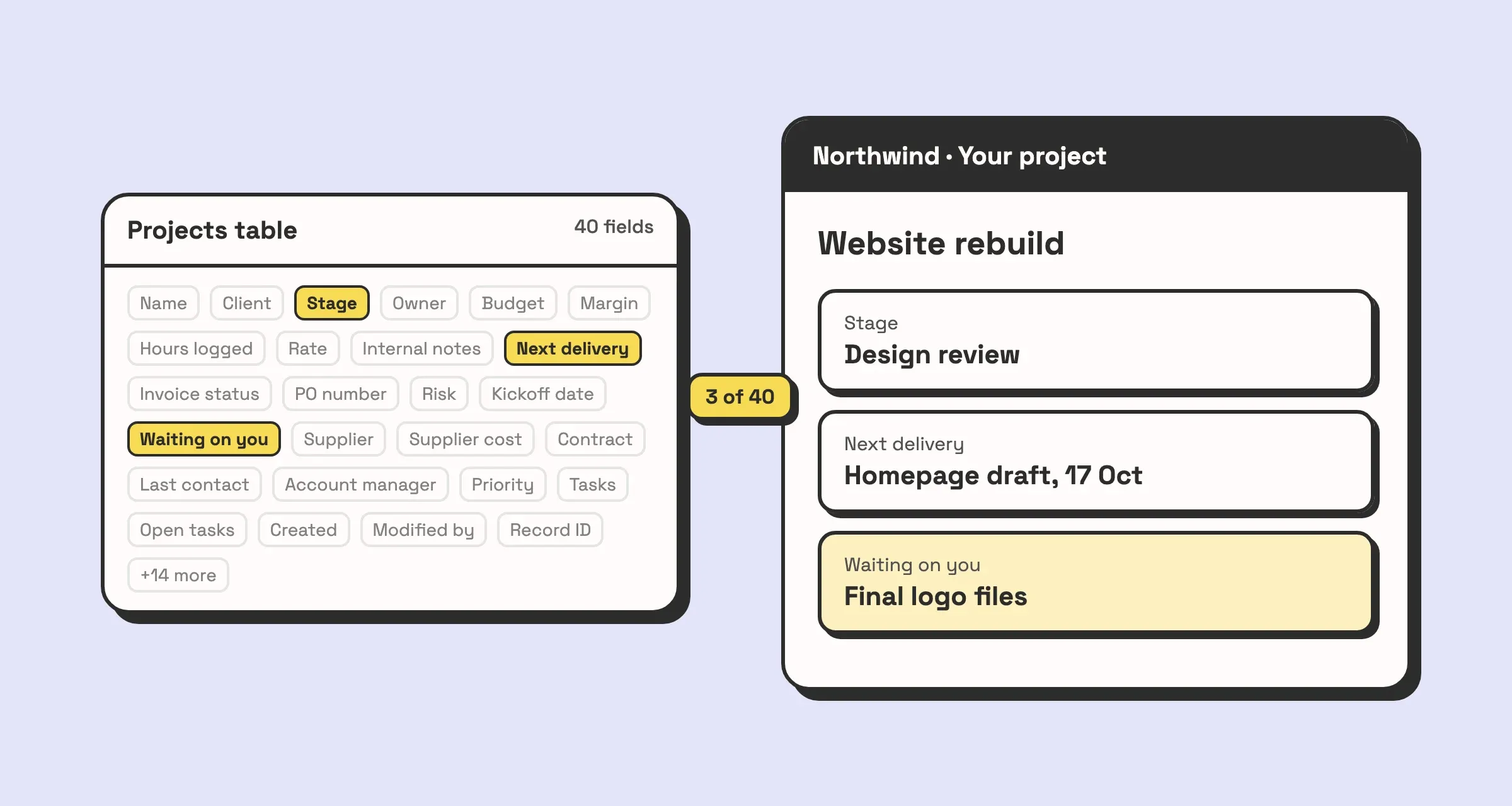 Illustration of a Projects table with forty fields, three of them highlighted: Stage, Next delivery and Waiting on you. Beside it, the client-facing interface page shows only those three fields for the client's project.