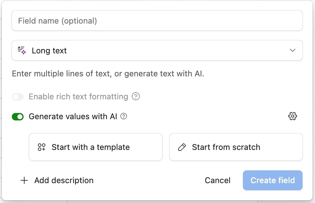 A Long text field with 'Generate values with AI' switched on, offering a choice between starting from a template and starting from scratch.