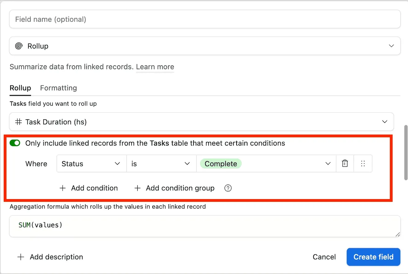 The rollup configuration with record conditions switched on, limiting the rollup to linked tasks whose Status is Complete.