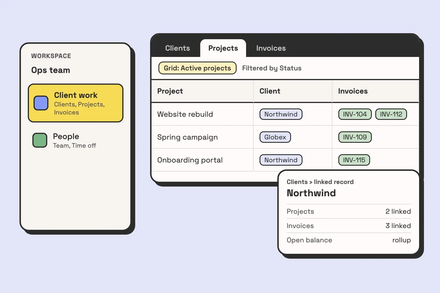 Illustration of an Airtable workspace: a sidebar listing two bases, Client work and People, and the Client work base open on its Projects table, where each project links to a client record and its invoices.